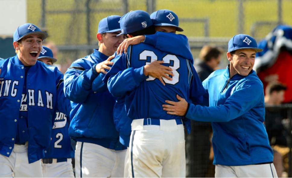 Steve Griffin  |  The Salt Lake Tribune



Bingham pitcher Peyton Jones is mobbed by his teammates after he pitched a complete game shutout  during class 5A baseball state playoff game against Roy at Bingham High School in South Jordan Wednesday May 17, 2017.