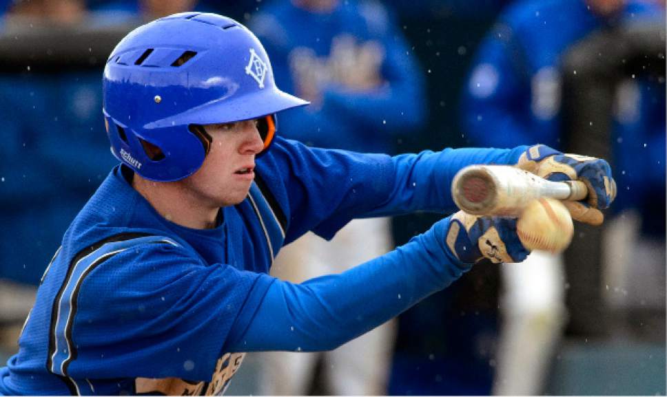 Steve Griffin  |  The Salt Lake Tribune



Bingham's Koby Tingey squares up and bunts the ball during class 5A baseball state playoff game against Roy at Bingham High School in South Jordan Wednesday May 17, 2017.