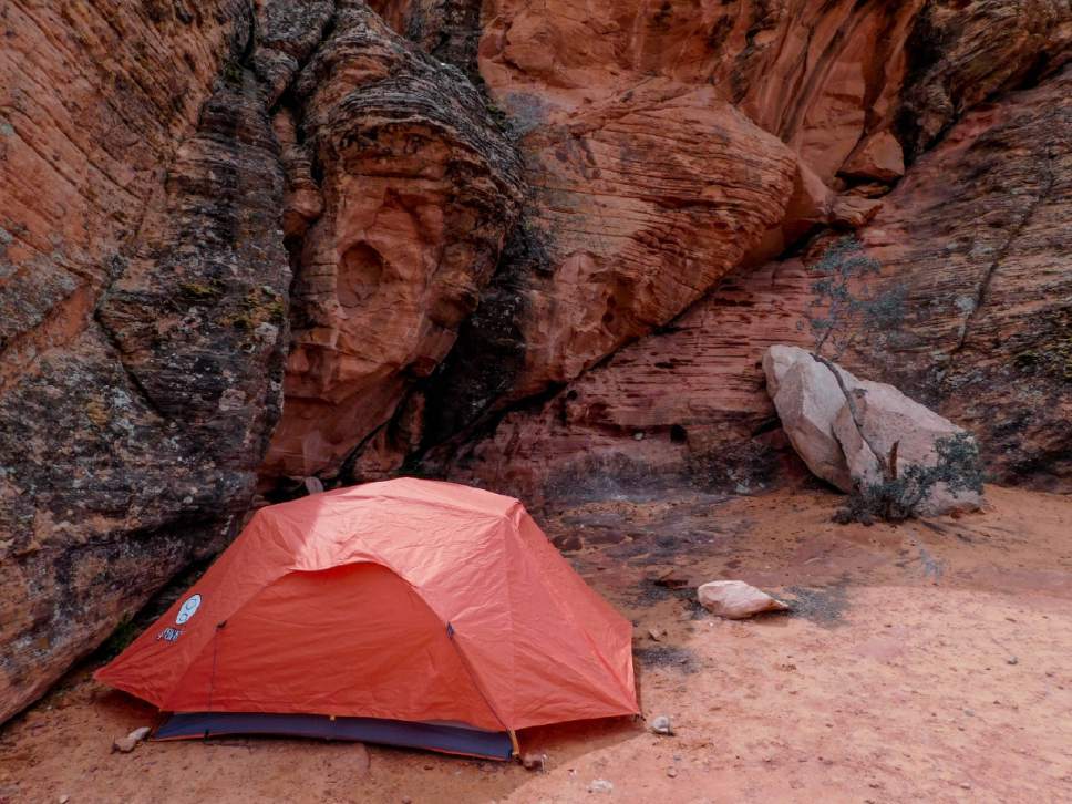 Erin Alberty  |  The Salt Lake Tribune 

Campsites nestle up against the red rock fins of Sand Cove Primitive Campground in the Red Cliffs Desert Reserve near Leeds. Photo taken April 1, 2017.