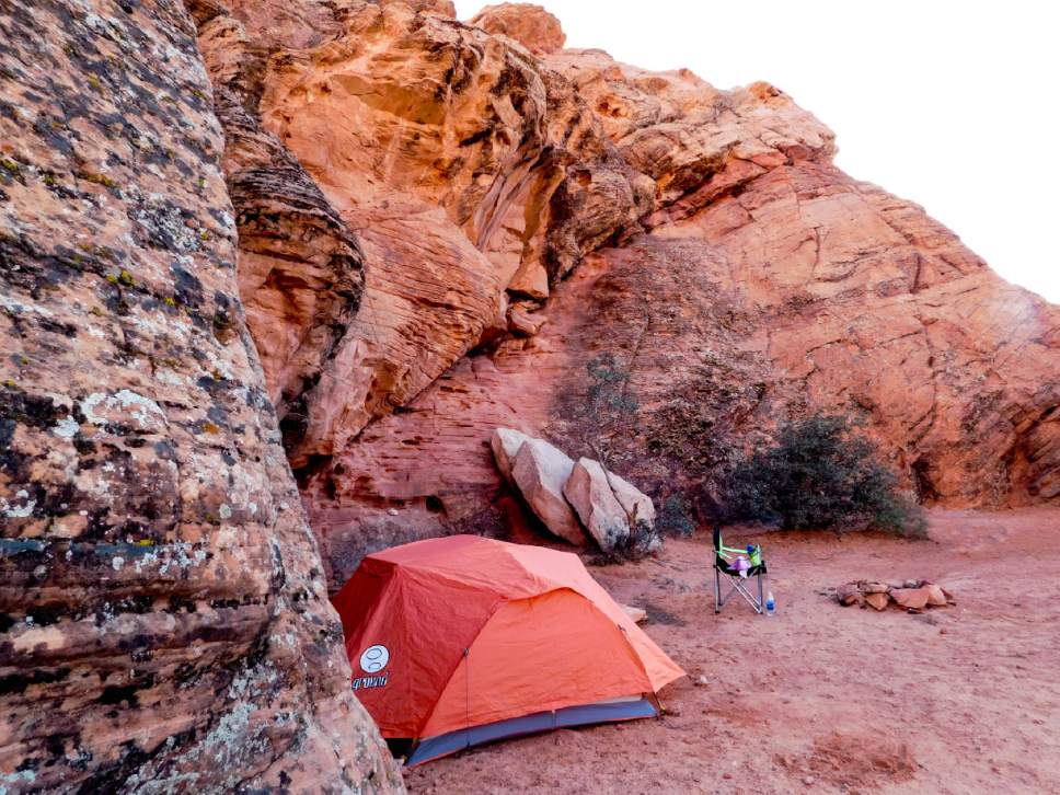 Erin Alberty  |  The Salt Lake Tribune 

Campsites nestle up against the red rock fins of Sand Cove Primitive Campground in the Red Cliffs Desert Reserve near Leeds. Photo taken April 1, 2017.