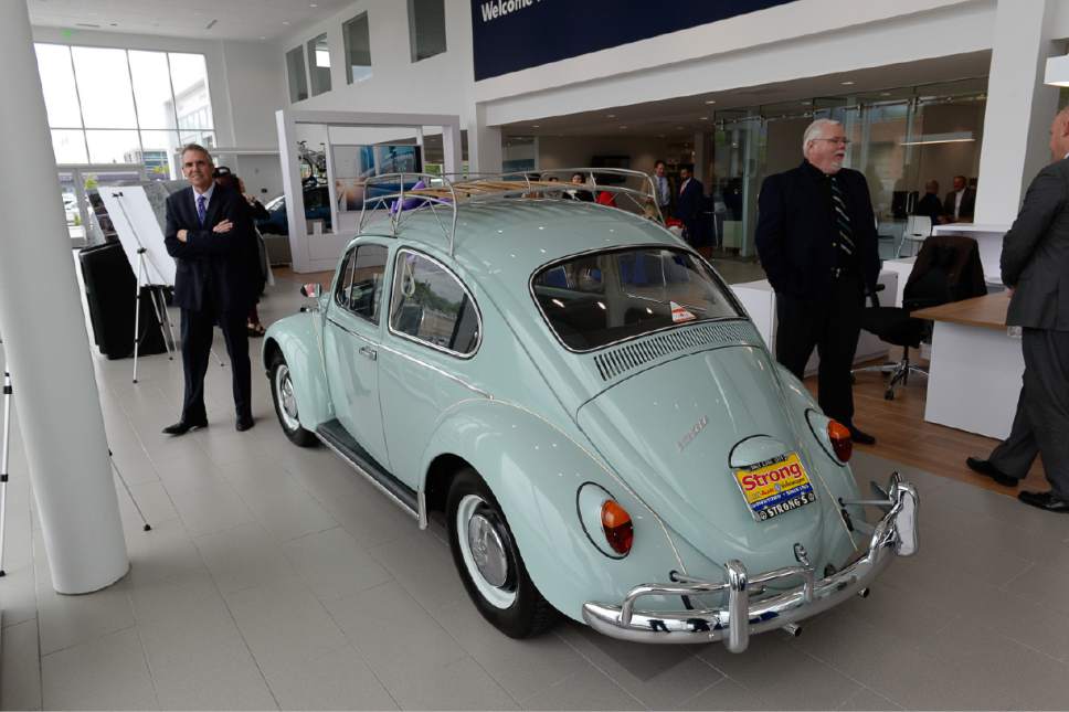 Francisco Kjolseth | The Salt Lake Tribune
A 1966 Volkswagen Beetle with original paint joins the flashy new offerings at the new Volkswagen dealership building in Salt Lake City. Marking more than six decades of retail auto leadership in downtown Salt Lake City, the Strong Auto Group dedicated a gleaming new Volkswagen dealership on Thursday, May 18, 2017. Owners Brad and Blake Strong were joined by invited guests and staff as they celebrated the Strong family's commitment to invest in Salt Lake City and Salt Lake County.