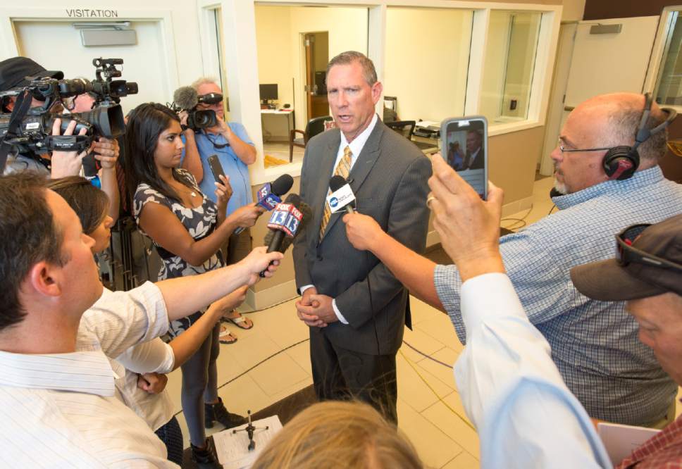 Rick Egan  |  The Salt Lake Tribune

Richard Massey, spokesman for the Ricks family, gives a statement to the press regarding the investigation into the homicide of Utah Transit Authority worker Kay Porter Ricks, at the Justice Center in, Kemmerer, Wyoming.Tuesday, June 28, 2016.