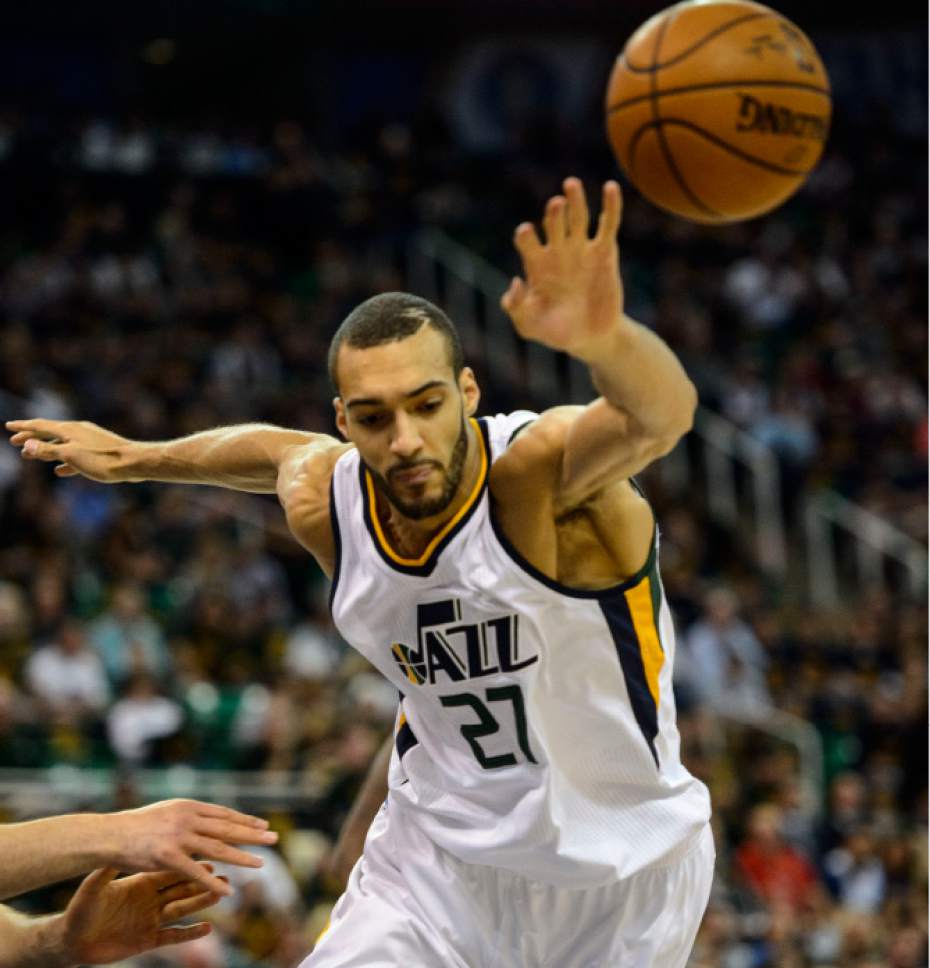 Steve Griffin  |  The Salt Lake Tribune


Utah Jazz center Rudy Gobert (27) stretches for the ball during game 4 of the NBA playoff game between the Utah Jazz and the Golden State Warriors at Vivint Smart Home Arena in Salt Lake City Monday May 8, 2017.