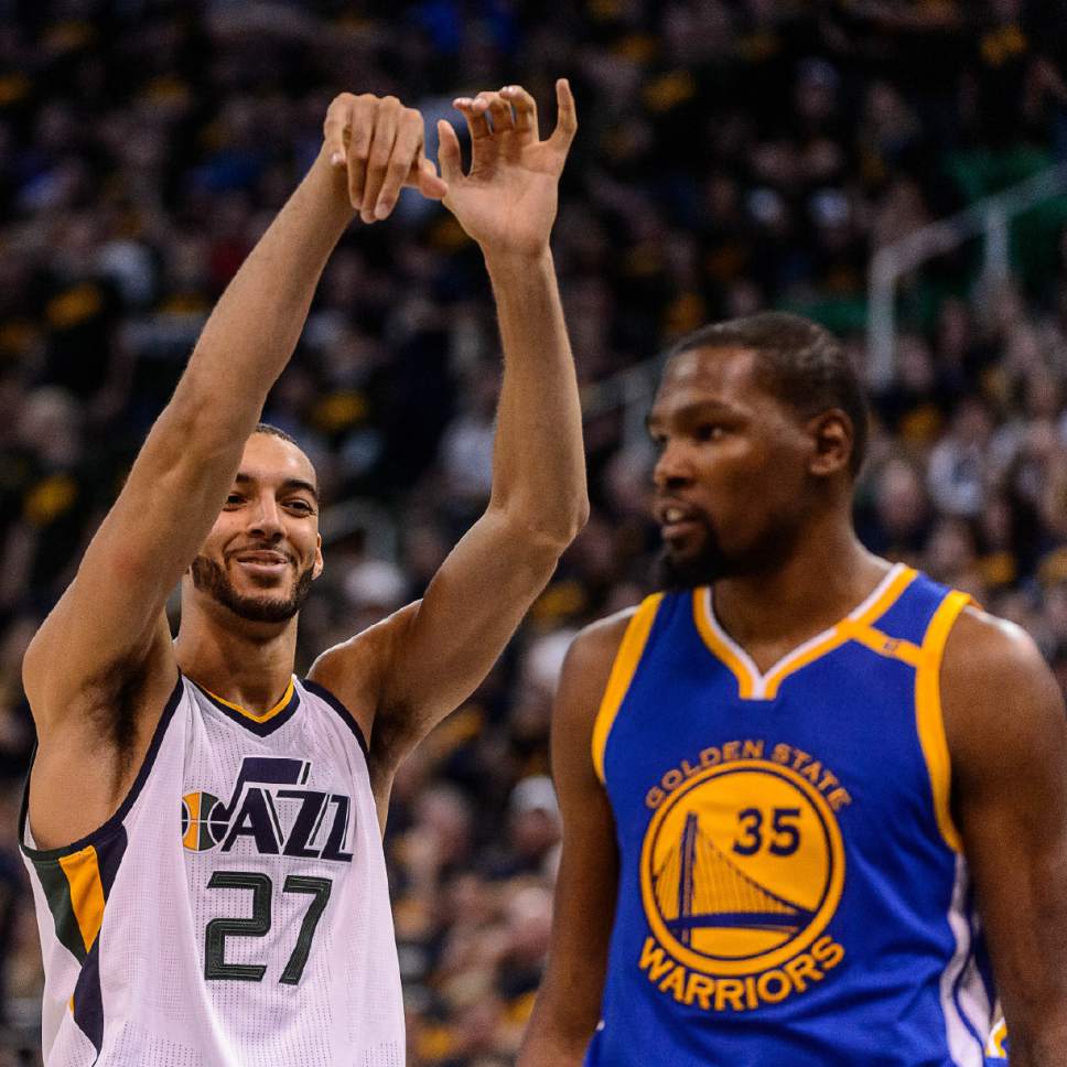 Trent Nelson  |  The Salt Lake Tribune
Utah Jazz center Rudy Gobert (27) smiles in the direction of Golden State Warriors forward Kevin Durant (35) after missing two free throws from Durant's hard foul in the fourth quarter, as the Utah Jazz host the Golden State Warriors in Game 3 of the second round, NBA playoff basketball in Salt Lake City, Saturday May 6, 2017.