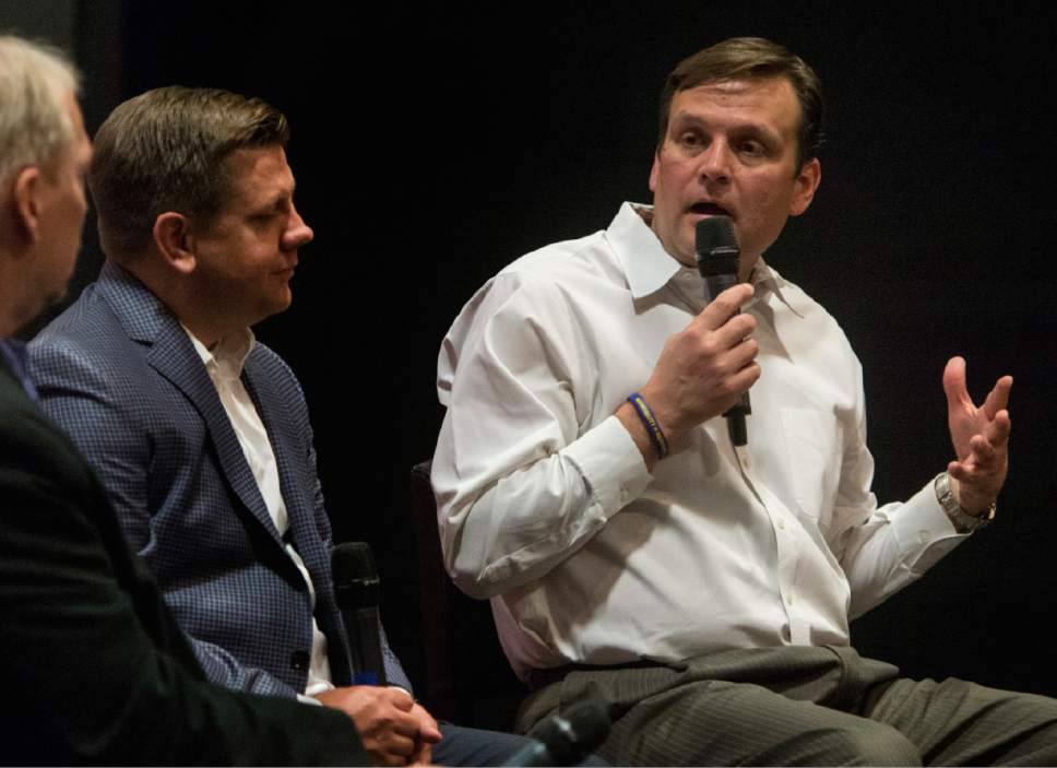 Rick Egan  |  The Salt Lake Tribune

Utah Jazz General Manager Dennis Lindsey, makes a comment  during a discussion with Salt Lake Tribune columnist Gordon Monson, and Utah Jazz President Steve Starks, during a "Back to the Playoffs" discussion sponsored by the Tribune, at the Gateway Megaplex Theaters, April 11, 2017.