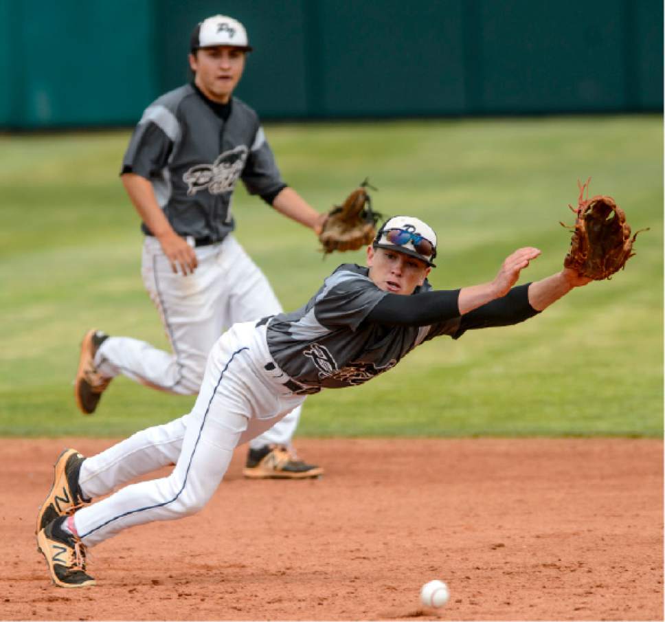 Steve Griffin  |  The Salt Lake Tribune



Pine View second baseman Kory Taigan dives for an errant throw during the class 3A baseball state playoff game against Park City at UVU in Orem Thursday May 18, 2017.