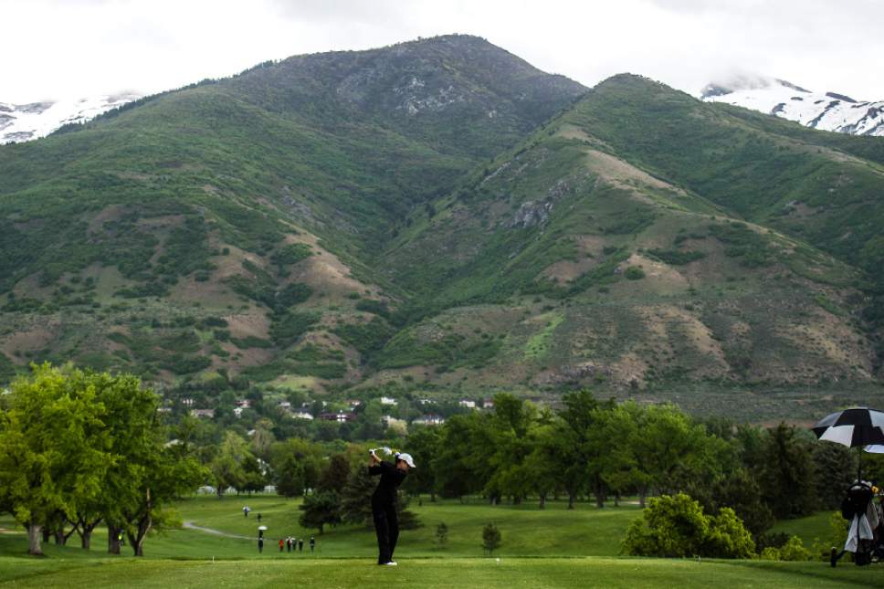 Chris Detrick  |  The Salt Lake Tribune
Bingham's Tess Blair tees off during the Class 5A girls' golf state meet at Davis Park Golf Course Tuesday, May 16, 2017.