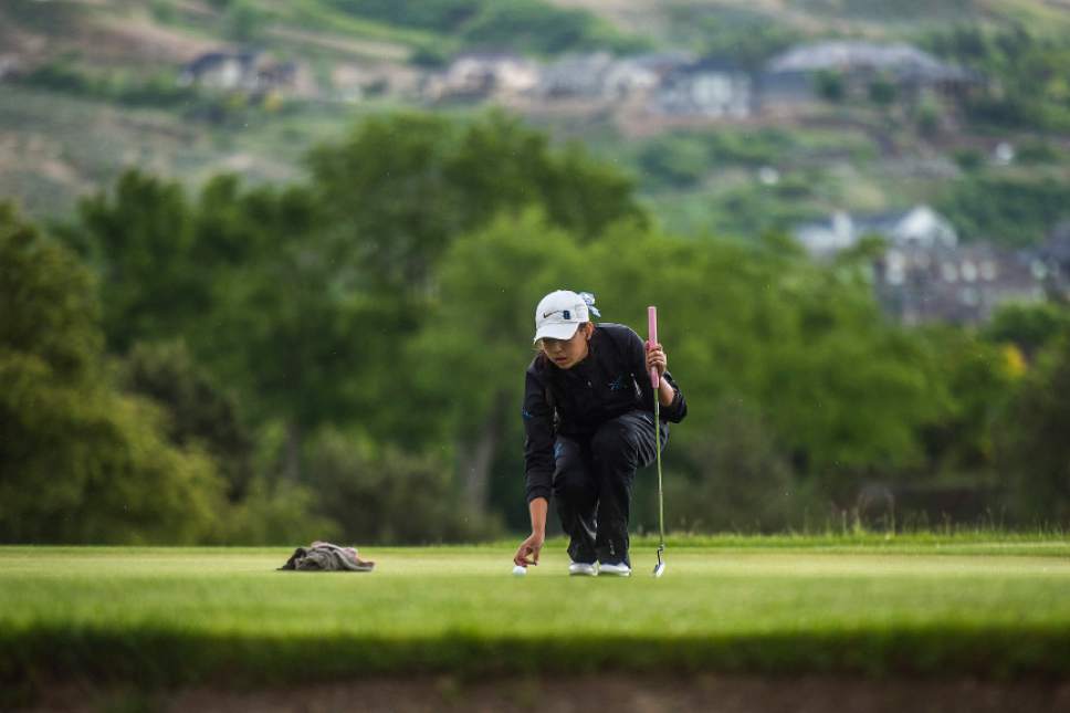 Chris Detrick  |  The Salt Lake Tribune
Bingham's Tess Blair lines up her shot during the Class 5A girls' golf state meet at Davis Park Golf Course Tuesday, May 16, 2017.