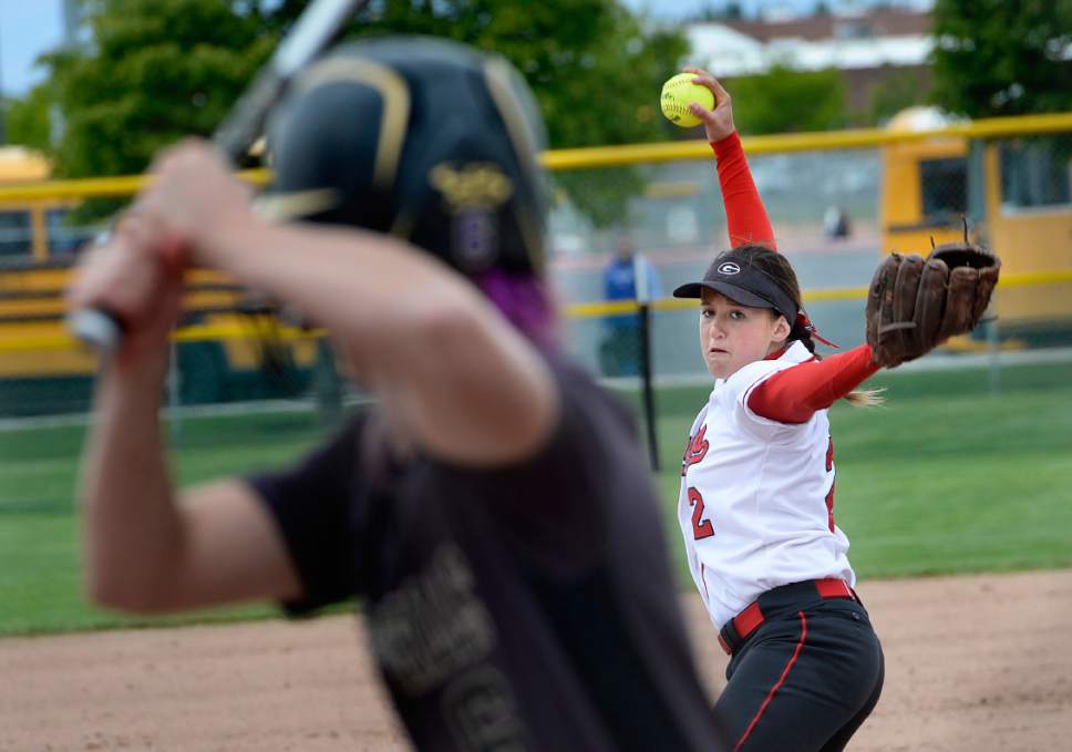 Scott Sommerdorf | The Salt Lake Tribune
Grantsville's Alese Casper winds up to throw as she is about to strike out Desert Hills' pitcher Brianna St. Clair on three pitches. Grantsville defeated Desert Hills 5-0 in a 3A state quarterfinal softball playoff game in Spanish Fork, Thursday, May 18, 2017.