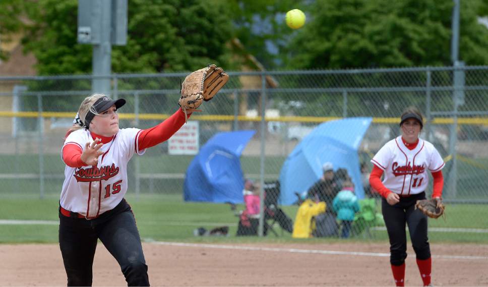 Scott Sommerdorf | The Salt Lake Tribune
Grantsville's Hannah Butler reaches for, but can't get to this line drive during sixth inning play. Grantsville defeated Desert Hills 5-0 in a 3A state quarterfinal softball playoff game in Spanish Fork, Thursday, May 18, 2017.