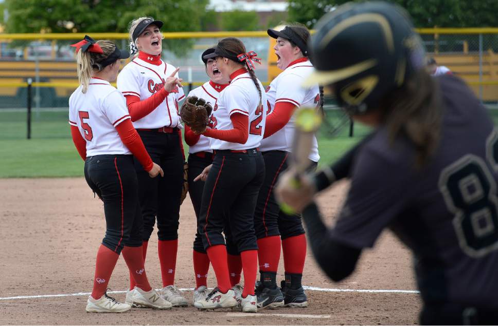 Scott Sommerdorf | The Salt Lake Tribune
The Grantsville infield celebrates on the mound with pitcher Alese Casper after a strikeout as Grantsville defeated Desert Hills 5-0 in a 3A state quarterfinal softball playoff game in Spanish Fork, Thursday, May 18, 2017.