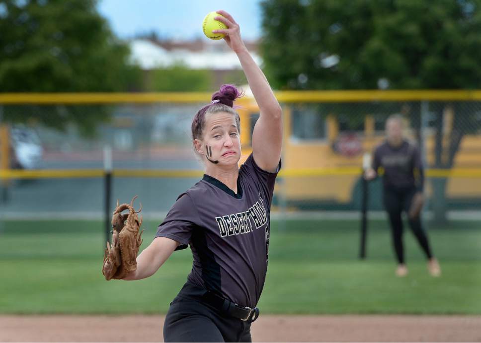 Scott Sommerdorf | The Salt Lake Tribune
Desert Hills' pitcher Brianna St. Clair winds up while pitching in the fifth inning. Grantsville defeated Desert Hills 5-0 in a 3A state quarterfinal softball playoff game in Spanish Fork, Thursday, May 18, 2017.