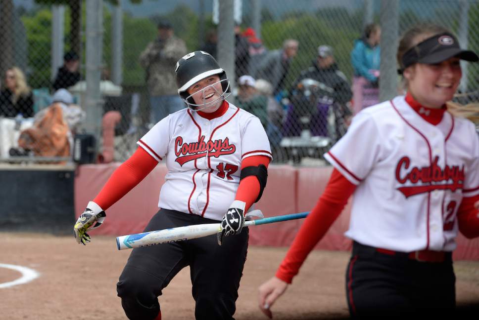 Scott Sommerdorf | The Salt Lake Tribune
Grantsville's Addison Smith dances after Reannon Justice' home run to make the score 5-0. Grantsville defeated Desert Hills 5-0 in a 3A state quarterfinal softball playoff game in Spanish Fork, Thursday, May 18, 2017.