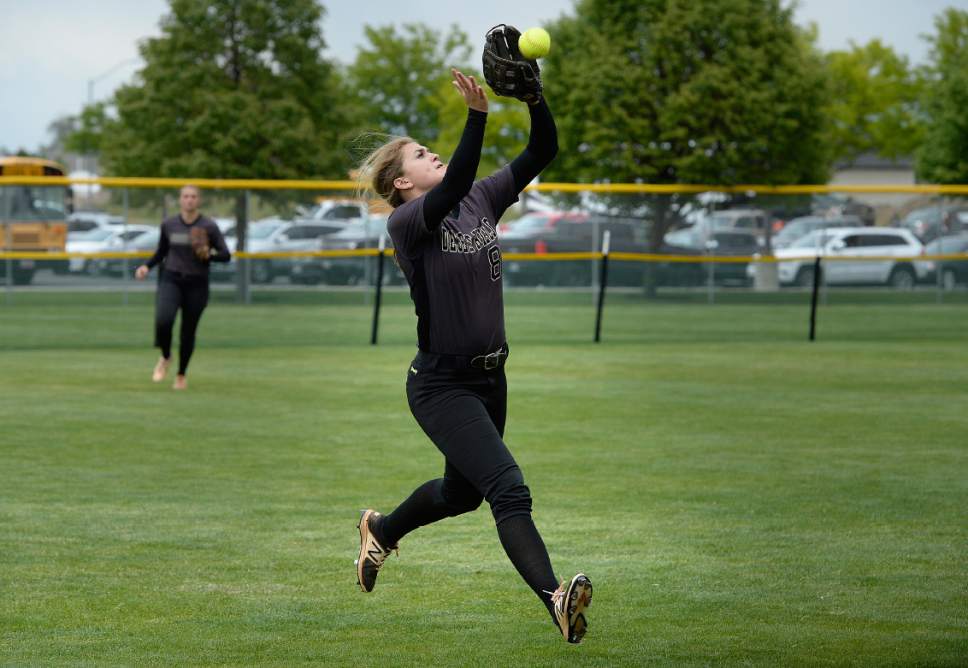 Scott Sommerdorf | The Salt Lake Tribune
Desert Hills' Sophie Wilcox makes a running catch in the fifth inning. Grantsville defeated Desert Hills 5-0 in a 3A state quarterfinal softball playoff game in Spanish Fork, Thursday, May 18, 2017.