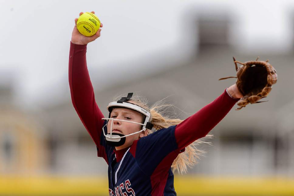 Trent Nelson  |  The Salt Lake Tribune
Herriman's Libby Parkinson on the mound. Herriman hosts West High School in a Class 5A softball playoff game, Thursday May 18, 2017.
