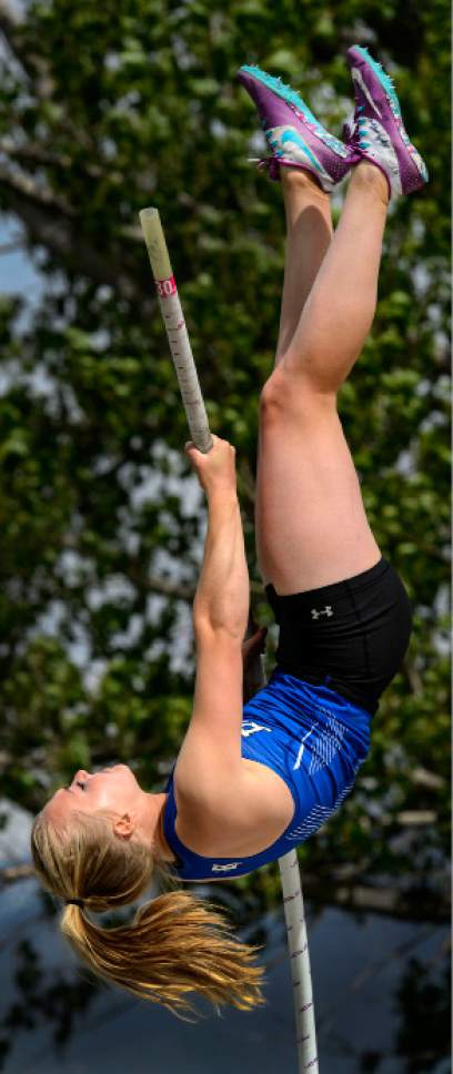 Steve Griffin  |  The Salt Lake Tribune


Bingham High School freshman pole vaulter Hannah Stetler practices at the South Jordan high school Monday May 15, 2017. Stetler already broke the state record this season.