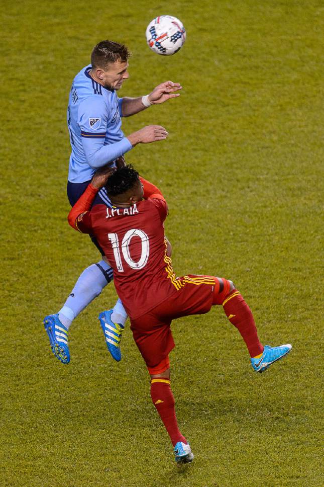 Trent Nelson  |  The Salt Lake Tribune
New York City FC defender Ethan White (3) heads the ball over Real Salt Lake forward Joao Plata (10). Real Salt Lake vs. New York City FC at Rio Tinto Stadium in Sandy, Wednesday May 17, 2017.