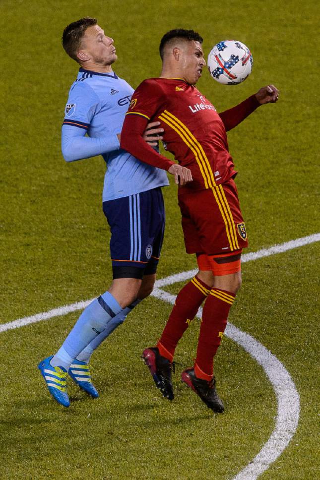 Trent Nelson  |  The Salt Lake Tribune
New York City FC defender Frederic Brillant (13) and Real Salt Lake midfielder Luis Silva (20). Real Salt Lake vs. New York City FC at Rio Tinto Stadium in Sandy, Wednesday May 17, 2017.