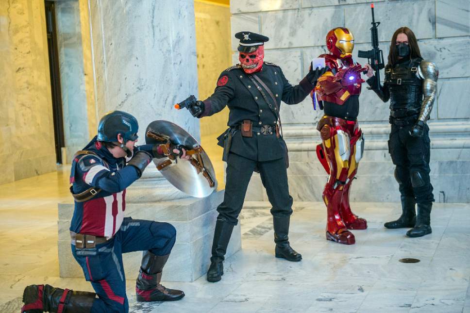 Chris Detrick  |  The Salt Lake Tribune
Cosplayers pose for photos during a press conference for Salt Lake Comic Con at the Utah State Capitol Wednesday, May 17, 2017.
