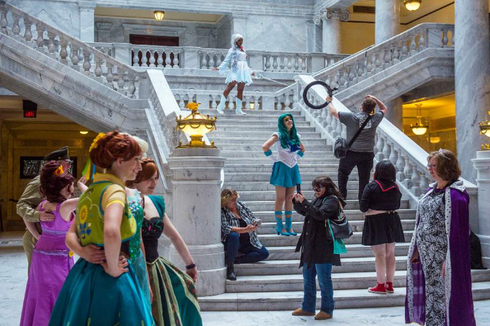 Chris Detrick  |  The Salt Lake Tribune
Cosplayers pose for photos during a press conference for Salt Lake Comic Con at the Utah State Capitol Wednesday, May 17, 2017.