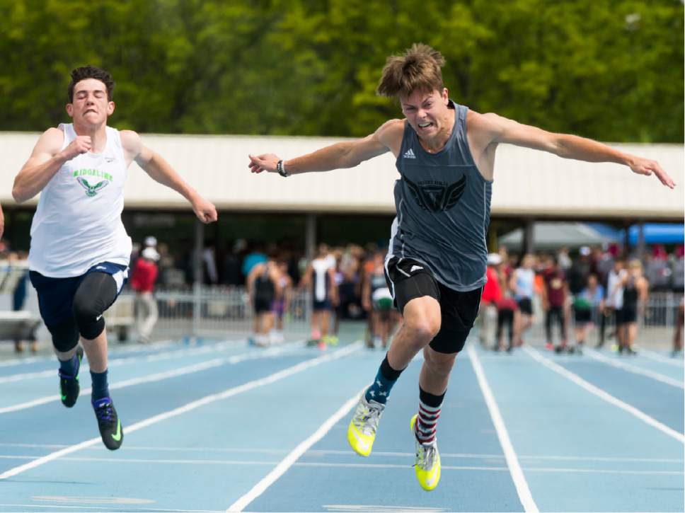 Rick Egan  |  The Salt Lake Tribune

Bradley Earl, finishes first in his heat, followed by Skyler Averett, Ridgeline, in the Boys 3A 100 Meter run, in the High School Track and Field State Championships, at Clarence Robison Track in Provo. Friday, May 19, 2017.