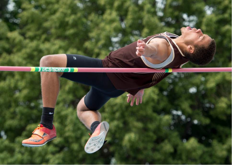 Rick Egan  |  The Salt Lake Tribune

Xakai Harry, Davis High, competes in the Boys 5A high jump finals, High School Track and Field State Championships, at Clarence Robison Track in Provo. Friday, May 19, 2017.