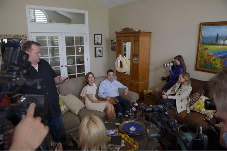 Leah Hogsten  |  The Salt Lake Tribune
Rep. Jason Chaffetz, seated next to his wife Julie, told members of the media at his home in Alpine during an impromptu press conference that he was leaving Congress to spend more time with his family. Chaffetz announced Thursday May 18, 2017 that he will step down from office June 30. In a letter to constituents, the Utah Republican and chairman of the House Oversight and Government Reform Committee, said he did not want a "lifetime career" in Congress, although it is rumored that he is in talks about a job with Fox News and hasn't ruled out a race for Utah governor in 2020.