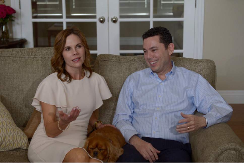Leah Hogsten  |  The Salt Lake Tribune
Rep. Jason Chaffetz, seated next to his wife Julie, told members of the media at his home in Alpine during an impromptu press conference that he was leaving Congress to spend more time with his family. Chaffetz announced Thursday May 18, 2017 that he will step down from office June 30. In a letter to constituents, the Utah Republican and chairman of the House Oversight and Government Reform Committee, said he did not want a "lifetime career" in Congress, although it is rumored that he is in talks about a job with Fox News and hasn't ruled out a race for Utah governor in 2020.