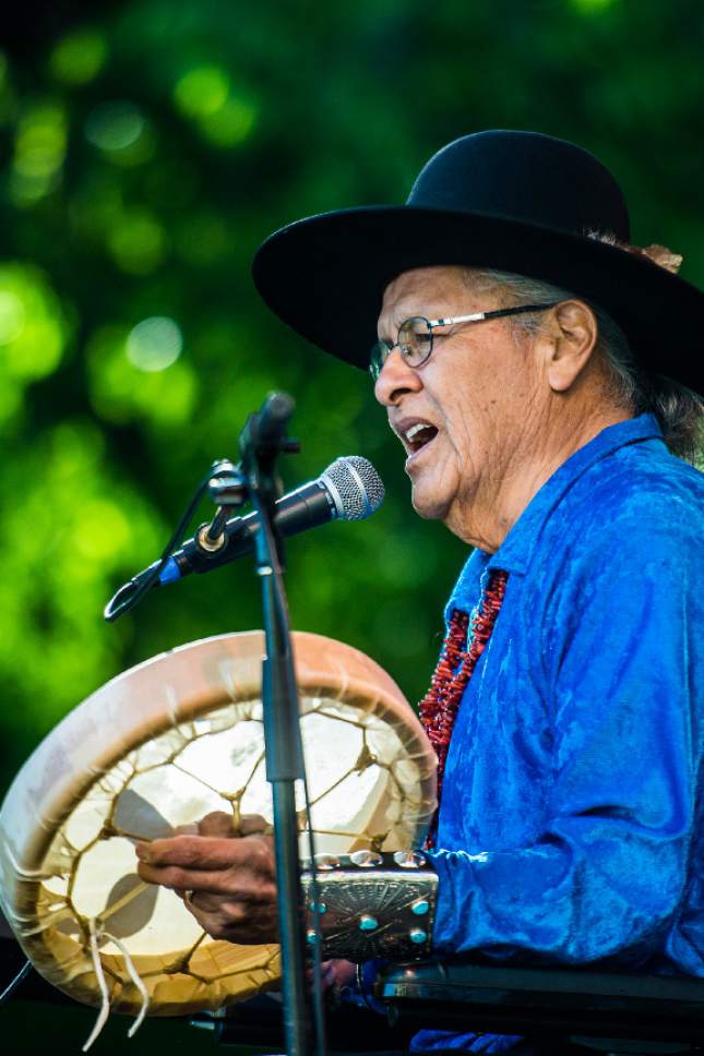 Chris Detrick  |  The Salt Lake Tribune
Harry James performs Navajo music during the 32nd annual Living Traditions Festival at Library Square Friday, May 19, 2017.