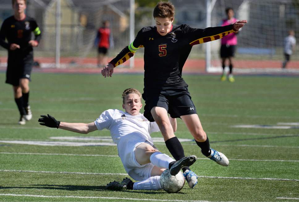Scott Sommerdorf | The Salt Lake Tribune
Herriman's Ethan Alexander tackles Viewmont's Josh Allen during first half play. Alexander was called for a foul even though it appears he got to the ball first. Herriman and Viewmont were tied 1-1 at the half in a 5a playoff at Herriman, Friday, May 19, 2017.