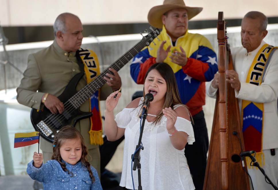 Scott Sommerdorf | The Salt Lake Tribune
The Venezuelan Cantando performs Sunday at the Library at the 32nd Living Traditions Festival at Library Square.