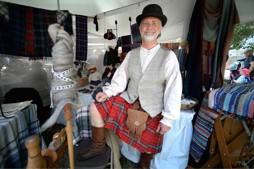 Scott Sommerdorf | The Salt Lake Tribune
Ridge Gilmour models his kilt Sunday at the Ann Carroll Gilmour knit display at the 32nd Living Traditions Festival at Library Square.
