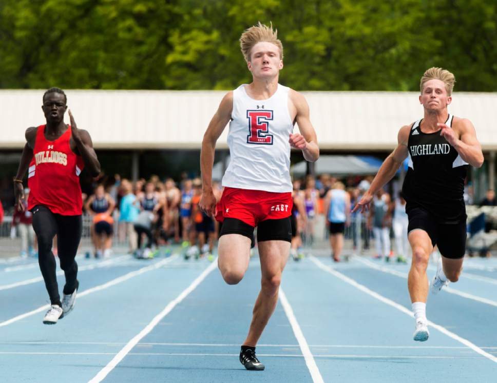 Rick Egan  |  The Salt Lake Tribune

William Prettyman, East, finishes first in his heat, in the Boys 4A 100 Meter run, followed by Deng Deng, Judge and Jake Boren, Highland, in the High School Track and Field State Championships, at Clarence Robison Track in Provo. Friday, May 19, 2017.