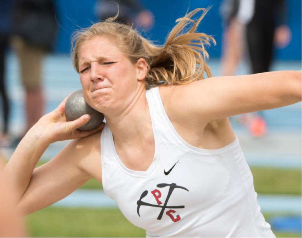 Rick Egan  |  The Salt Lake Tribune

Bailey Hoglin, Park City, competes in the 3A girls shot put, in the High School Track and Field State Championships, at Clarence Robison Track in Provo. Friday, May 19, 2017.