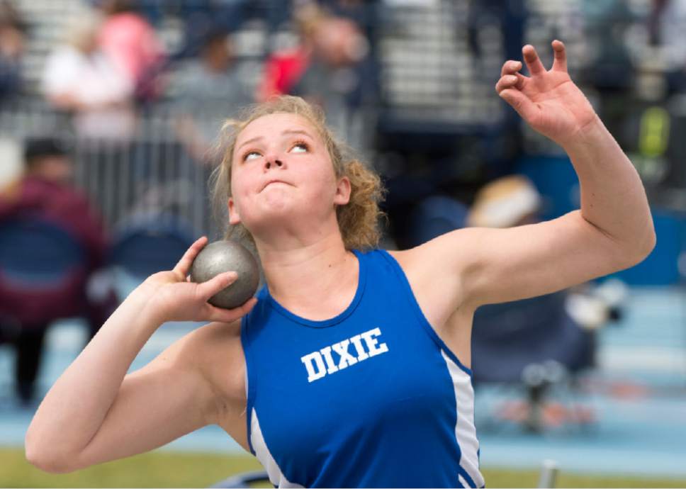Rick Egan  |  The Salt Lake Tribune

Ella Burrows, Dixie competes in the 3A girls shot put, in the High School Track and Field State Championships, at Clarence Robison Track in Provo. Friday, May 19, 2017.