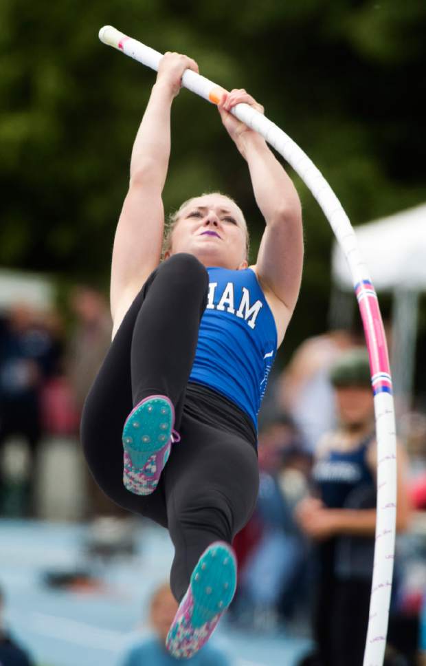Rick Egan  |  The Salt Lake Tribune

Hannah Stetler competes in the pole-vault for Bingham High, in the High School Track and Field State Championships, at Clarence Robison Track in Provo, Stetler cleared 12 ft in the competition. Friday, May 19, 2017.