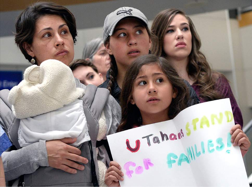 Al Hartmann  |  The Salt Lake Tribune
Mormon women and other concerned citizens gather at the Salt Lake City Airport in a show of solidarity for an area woman, Betty Ramos Castro, who has been ordered to leave the United States by ICE agents. 
ICE  escorted her onto a flight bound for Colombia. Castro is a single mother and is the sole caretaker for her disabled son and her 86-year-old mother.