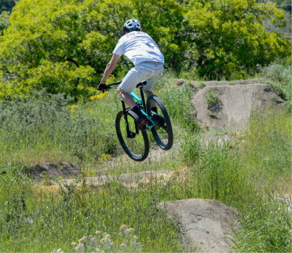 Steve Griffin  |  The Salt Lake Tribune



I biker gets some air in the I Street Bike Park near Hilltop Road in Salt Lake City Monday May 22, 2017.