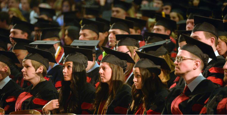 Al Hartmann  |  The Salt Lake Tribune
University of Utah School of Medicine graduates attend commencement excercise in Kinsbury Hall Friday May 19.   With 297 students graduating it's the first expanded class size from the passage of Senate Bill 42 in 2013.