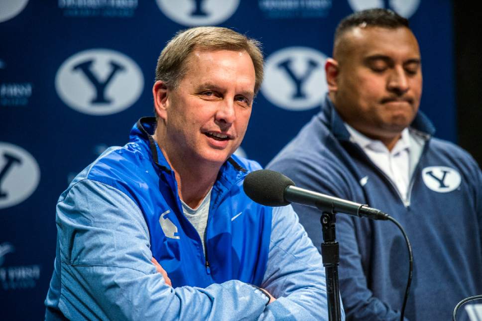 Chris Detrick  |  The Salt Lake Tribune
Offensive Coordinator Ty Detmer, left, and Head football coach Kalani Sitake during a press conference at the BYU broadcasting building Wednesday February 1, 2017.