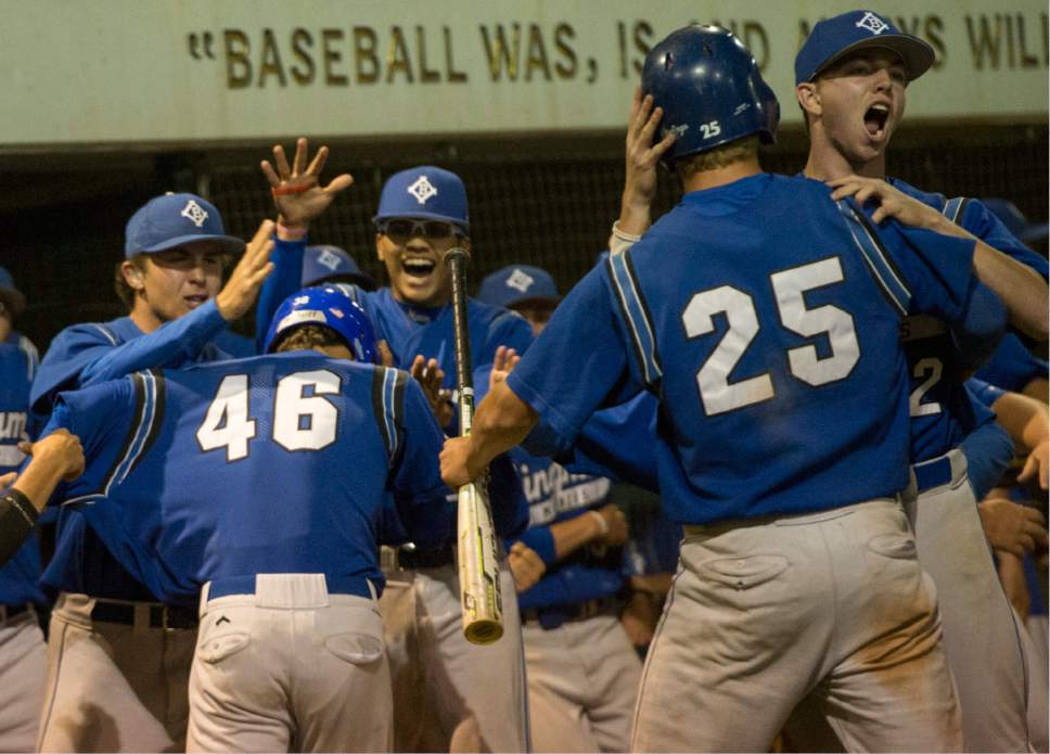 Rick Egan  |  The Salt Lake Tribune

Bingham celebrates after Copper Hansen knocked in 3 runs in the 7th, giving the Miners a 14-13 lead, in the 5A baseball quarterfinal between Lone Peak and Bingham, in Kearns, Tuesday, May 23, 2017.