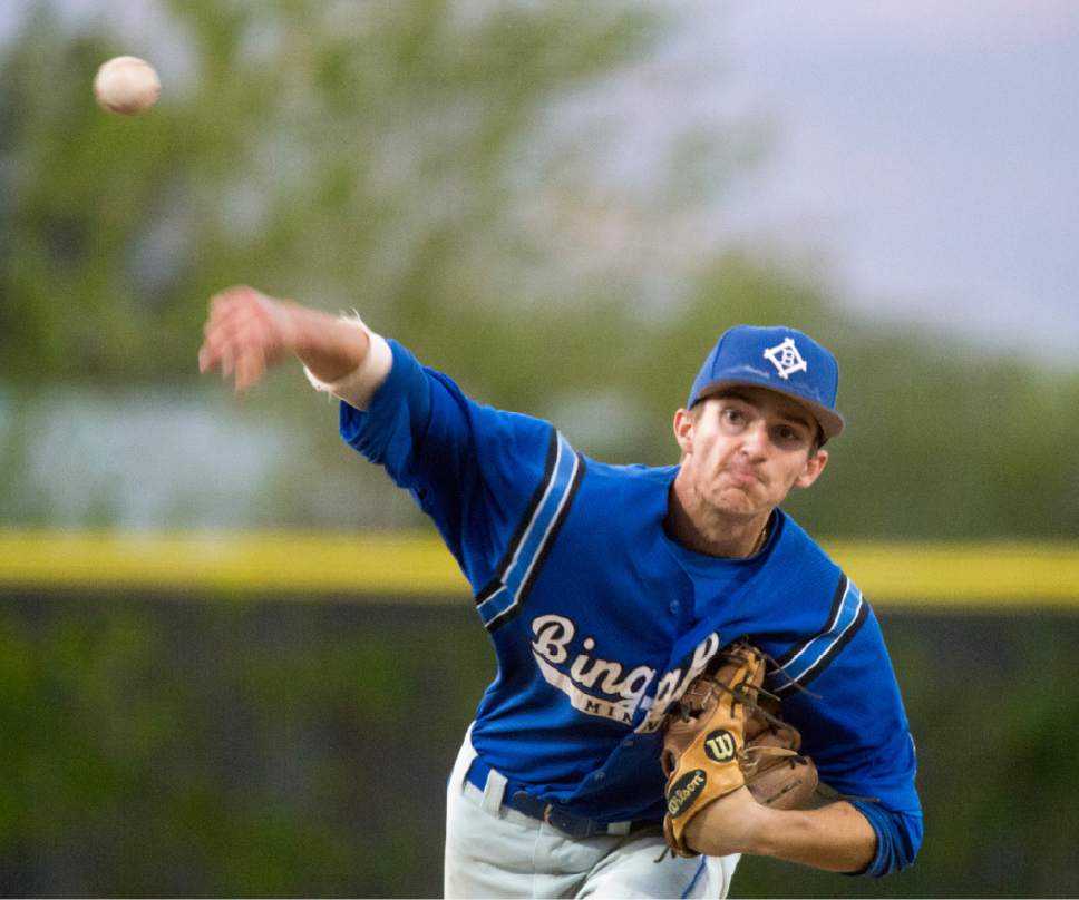Rick Egan  |  The Salt Lake Tribune

Griffin Cropper (17) pitches for Bingham, in the 5A baseball quarterfinal between Lone Peak and Bingham, in Kearns, Tuesday, May 23, 2017.