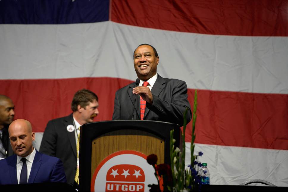 Scott Sommerdorf | The Salt Lake Tribune
Current Utah GOP party chairman James Evans gives his speech prior to the first vote for chairman at the Utah Republican Party Organizing Convention, Saturday, May 19, 2017. He was eliminated in the first round of voting.
