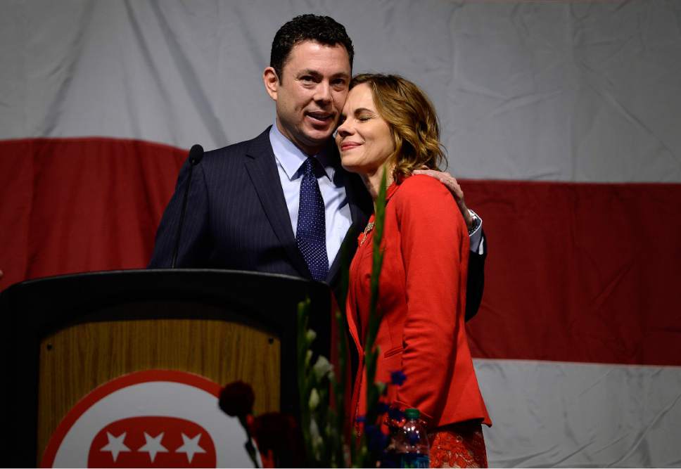 Scott Sommerdorf | The Salt Lake Tribune
U.S. Senator Jason Chaffetz with his wife Julie at his side speaks at the Utah Republican Party Organizing Convention, Saturday, May 19, 2017.