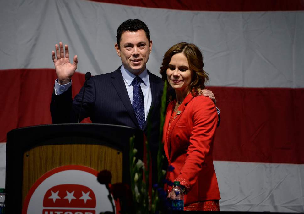 Scott Sommerdorf | The Salt Lake Tribune
U.S. Rep. Jason Chaffetz with his wife Julie at his side speaks at the Utah Republican Party Organizing Convention, Saturday, May 19, 2017.