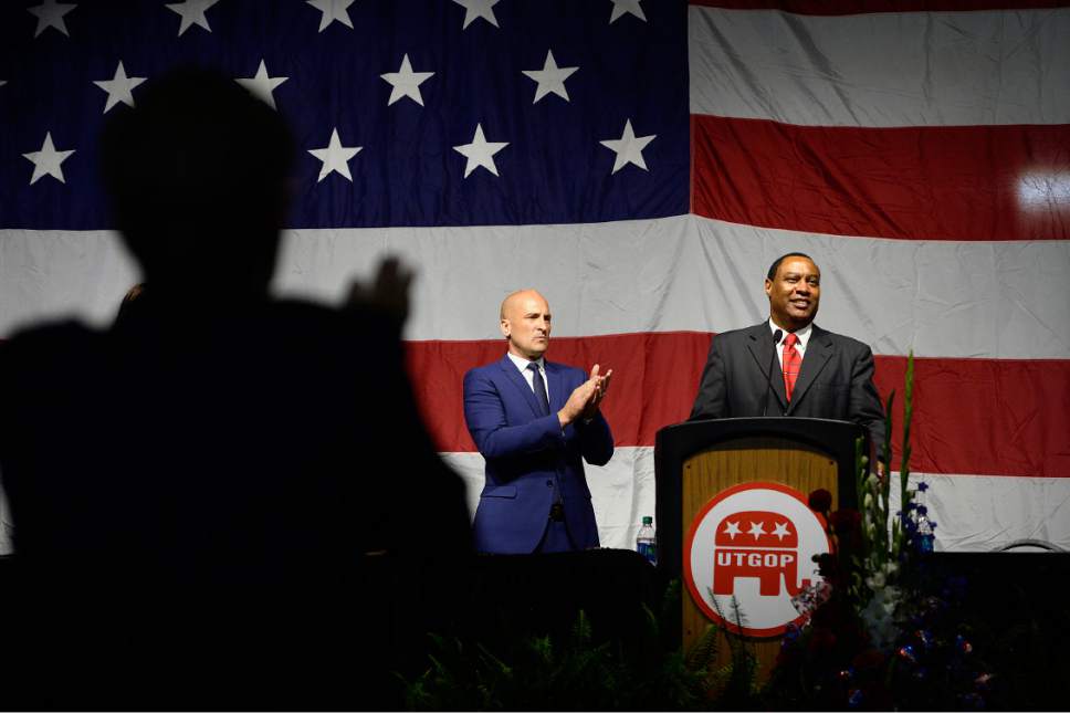 Scott Sommerdorf | The Salt Lake Tribune
Former Utah GOP party chairman James Evans gets an ovation after he spoke to the crowd after being replaced by Rob Anderson at the Utah Republican Party Organizing Convention, Saturday, May 19, 2017.