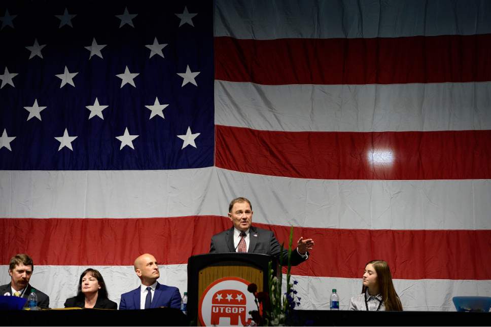 Scott Sommerdorf | The Salt Lake Tribune
Utah Governor Gary Herbert speaks at the close of the Utah Republican Party Organizing Convention, Saturday, May 19, 2017.