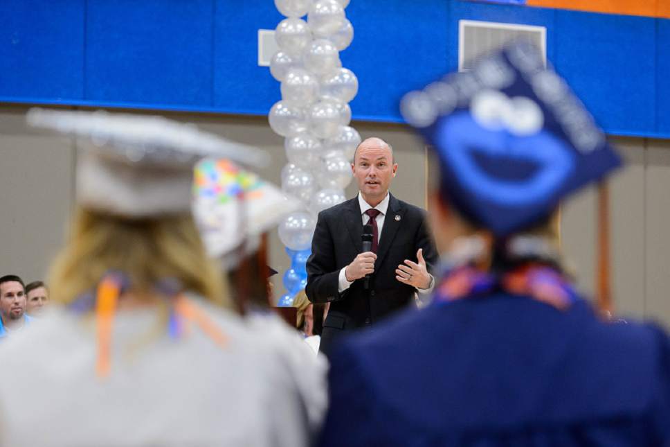 Trent Nelson  |  The Salt Lake Tribune
Utah Lt. Gov. Spencer Cox speaks at Water Canyon High School's graduation ceremony in Hildale, Monday May 22, 2017. Two years ago the school had one graduate, this year twenty-five.
