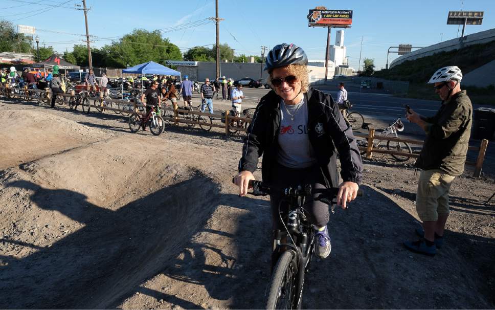 Francisco Kjolseth | The Salt Lake Tribune
Salt Lake City Mayor Jackie Biskupski takes a spin on the new flow track on Tuesday, May 23, 2017, at the City's newly constructed 900 South Bike Park at 905 South, 700 West.