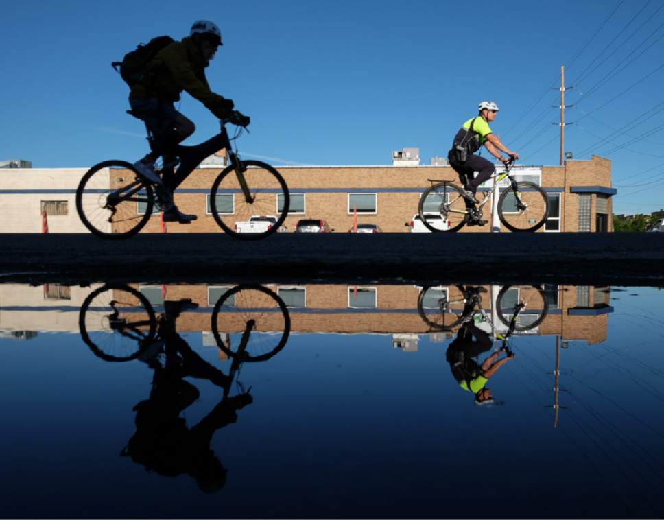 Francisco Kjolseth | The Salt Lake Tribune
Salt Lake City Mayor Jackie Biskupski is joined by many other riders as they take a fun ride for Bike to Work Day on Tuesday, May 23, 2017, to highlight the City's newly constructed 900 South Bike Park at 905 South, 700 West. The ride was meant to promote fitness, clean air, community building, bike safety and celebration of the new bike park as they rode to the City County Building.